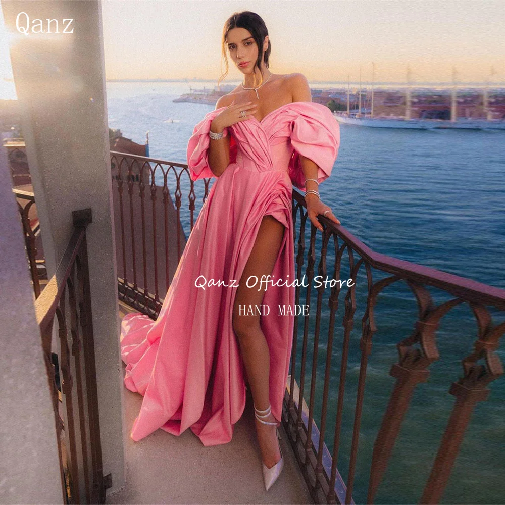 

Qanz Beach Satin Evening Dresses Pink Off The Shoulder Mermaid Pleat Prom Dress Women High Leg Slit Backless Vestido De Noche