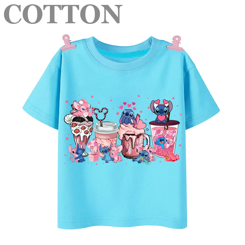 T Shirt Disney Stitch Anime Summer Multiple Fashion Cotton Children's Round Neck Casual Short Sleeve Print Pattern