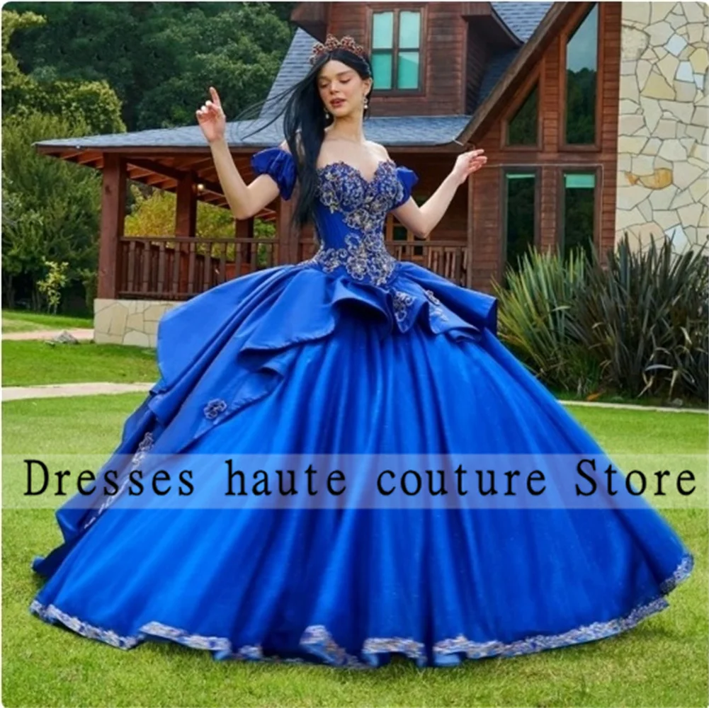 

Dark Blue Luxury Princess Quinceanera Dresses 2023 Elegent Lace Puffy Appliques Beading Bow Off The Shoulder Sweet Party Dresses