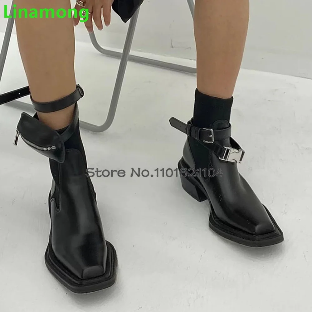 Black Square Toe Pocket Design Boots For Female Women 2024 New Chunky Heel Slip-on Leather Fabric Fashion Runway All-match Shoes