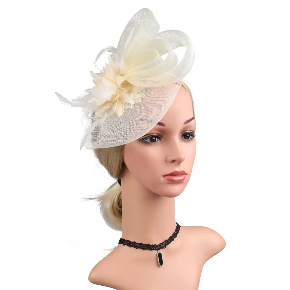 Formal Dress Small Top Hat Headband British Retro Clear Beads Cocktail Bridal Mesh Ribbons Cap Exquisite Luxury