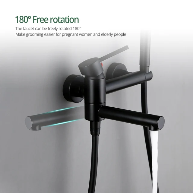 ก๊อกน้ำฝักบัวแบบด้านสีดำ น้ำร้อนน้ำเย็น 2 ทาง ฝักบัวมือถือ หัวฉีดแบบหมุนได้ ก๊อกน้ำห้องน้ำติดผนัง 4