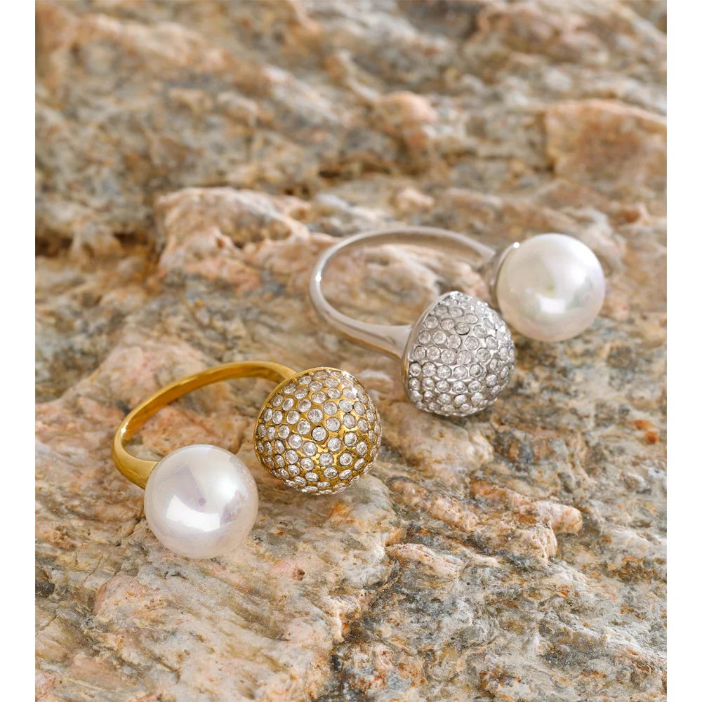 Yhpup Imitation Pearls Cubic Zirconia Round Open Adjustable Ring