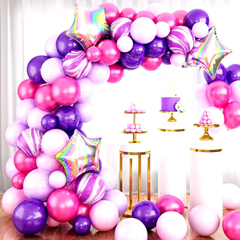 

Rose Macaron Purple Balloon Garland Arch Kit Laser Pentagram Foil Balloons Birthday Party Anniversary Wedding Decorations
