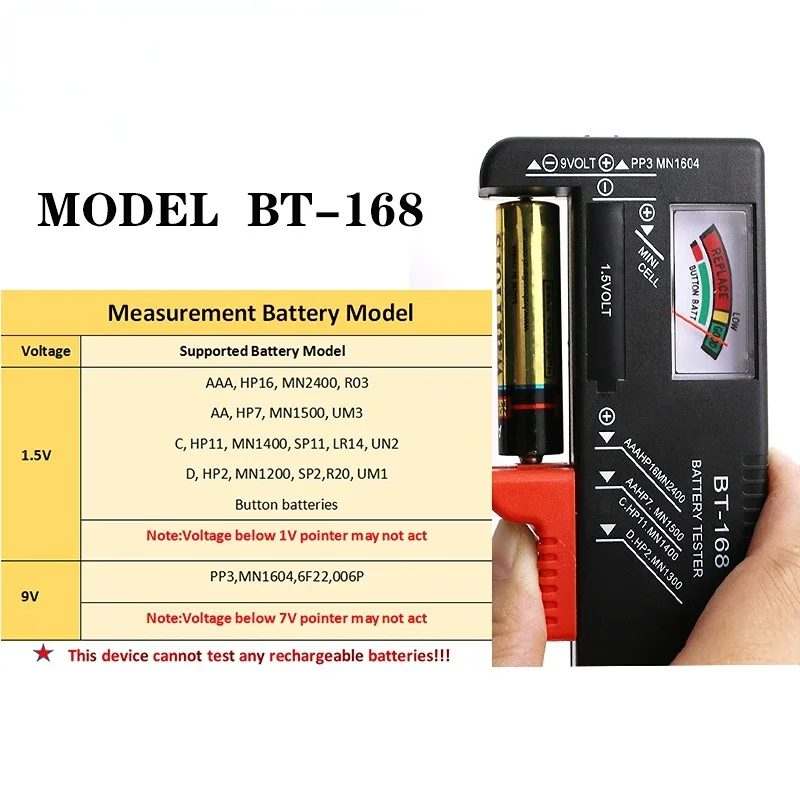 Battery Tester Voltage Tester Naughty Bird BT-168 AA/AAA/C/D/9V/1.5V batteries Universal Button Cell Colour Coded Meter Indicate
