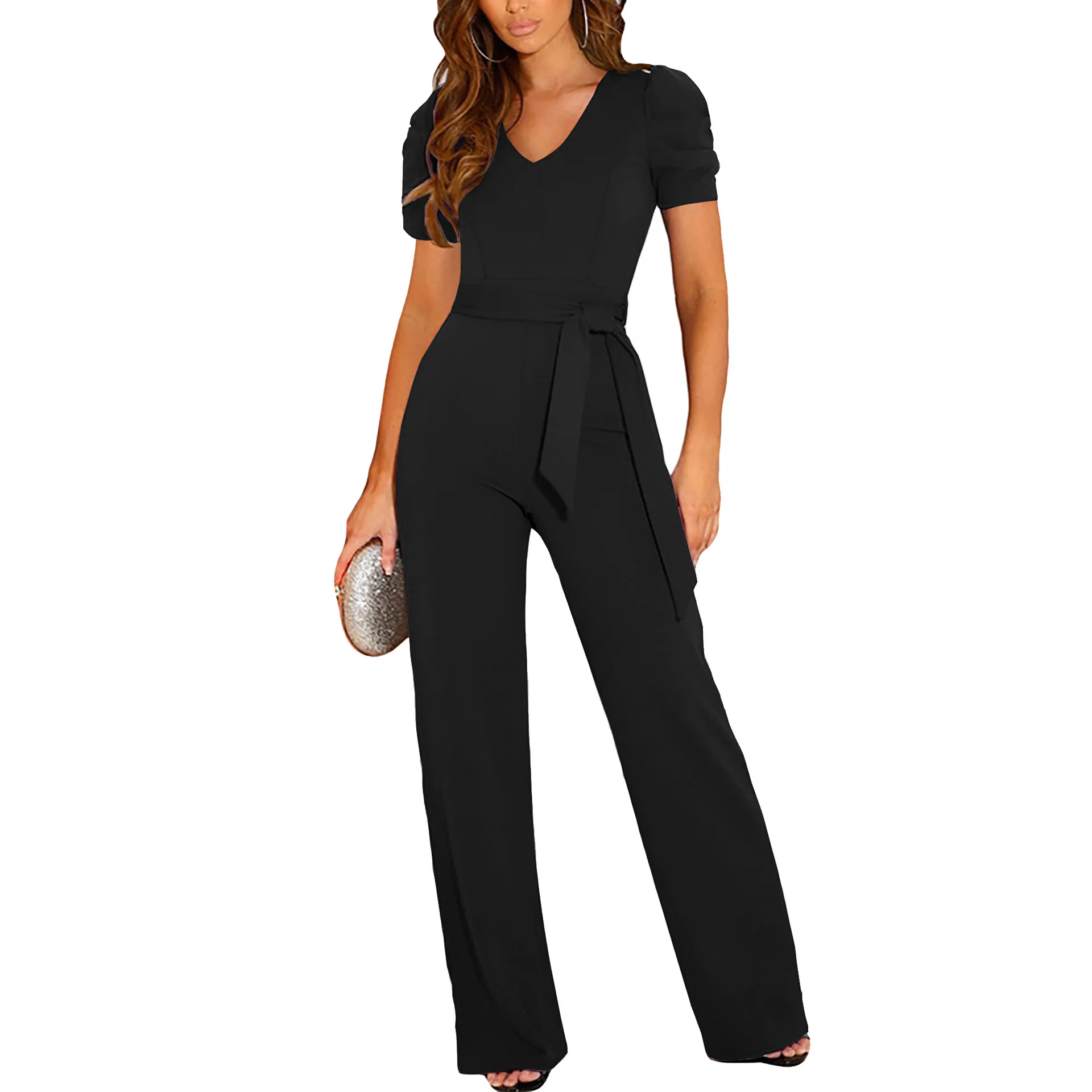 solid color v neck short sleeved women s jumpsuit with belt Solid Color V-neck Short Sleeved Women's Jumpsuit with Belt