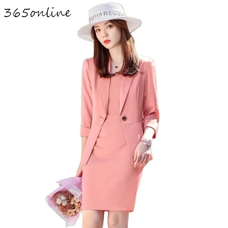 

Pink Women Dresss Suits with Dress and Tops Business Work Wear Suits Fashion Styles Summer Ladies Professional Blazers