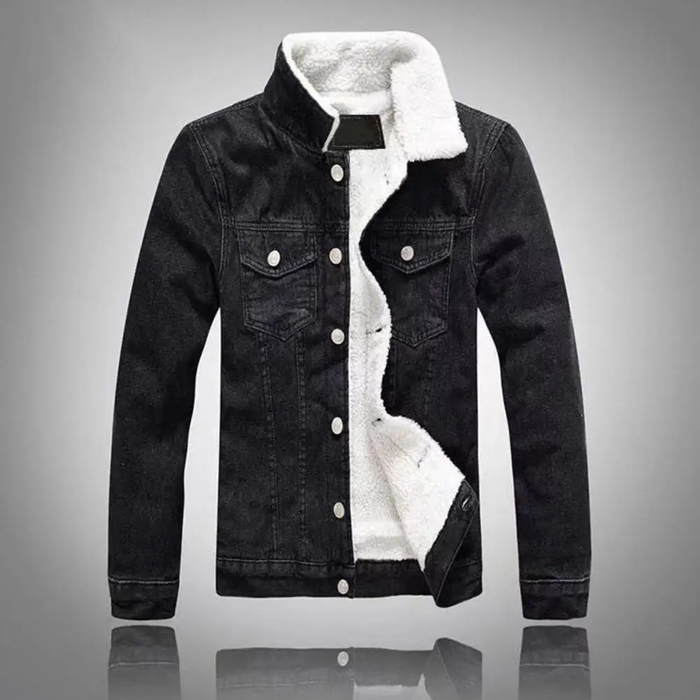 

Fashionable Autumn Jacket Men's Slim Fit Denim Jacket with Stand Collar Thickened Plush Lining Neck Protection for Fall