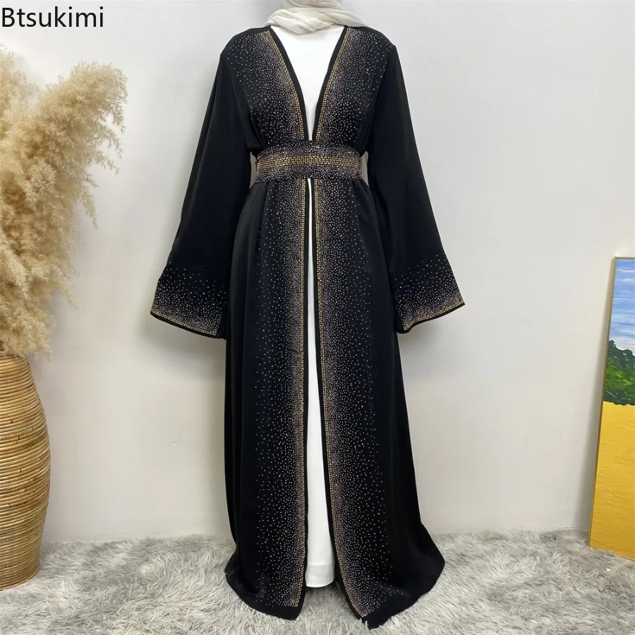 Fashion New Muslim Open Abaya for Women Diamonds Lace-up Cardigan Long Dresses Arabic Turkish Kaftan Robe Elegant Femme Musulman