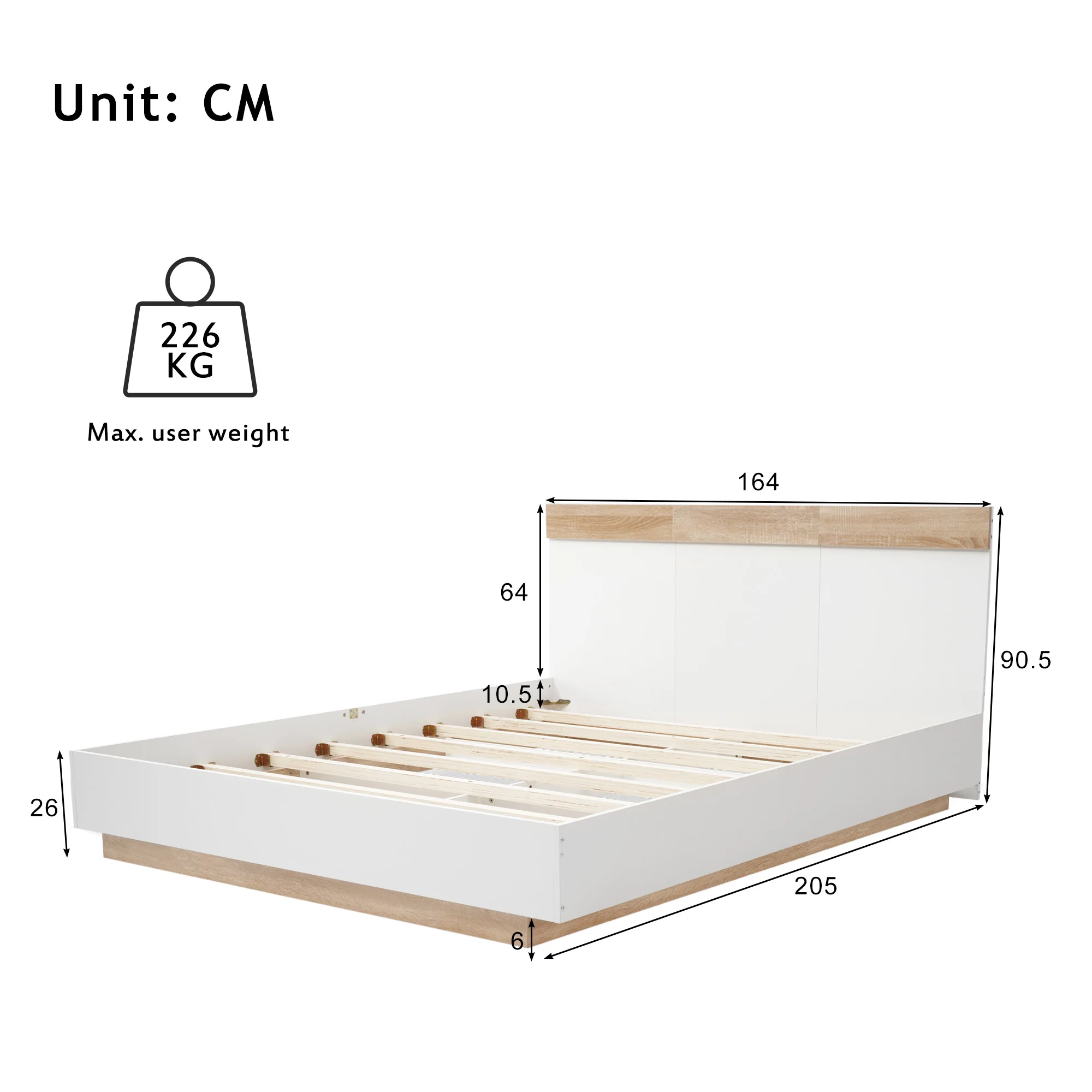 KOMHTOM Doppelbett Holzbett Schwebebett, Bettgestell mit Kopfteil und Lattenrost, ohne Matratze – Detail 8
