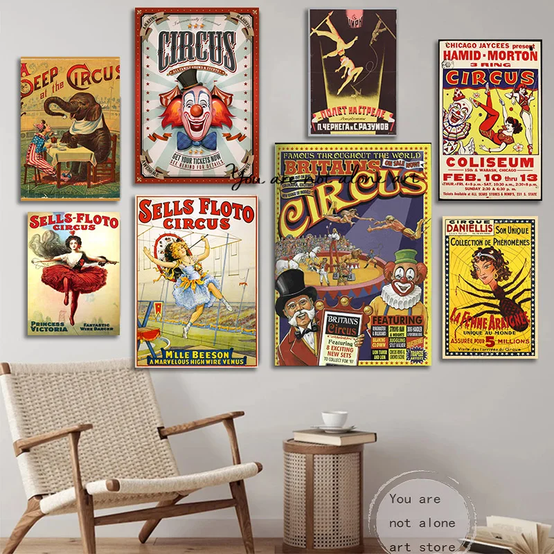 Vintage Circus Travel Art Poster Elephant Tiger Clown Performance Screen Canvas Painting Stampe Murali Picture For Room Home Decor