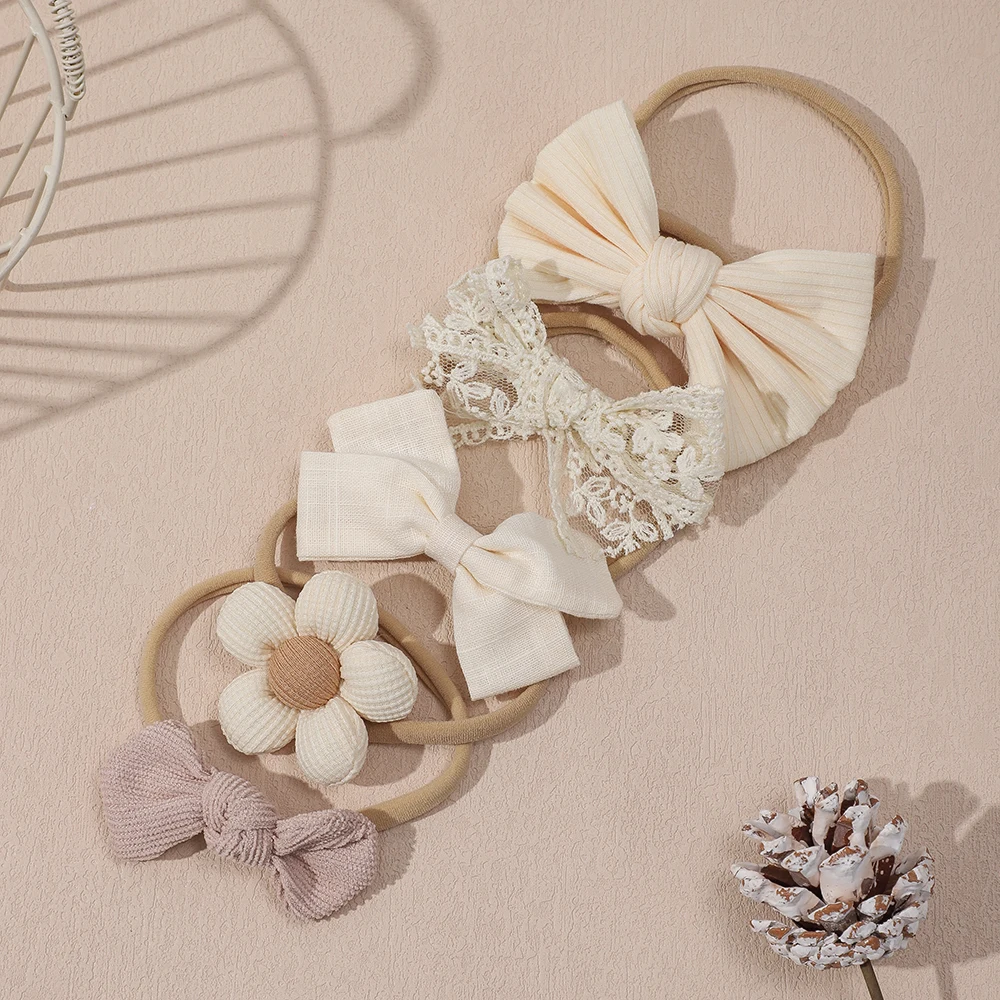 Baby Headband Set - 5Pcs Elastic Apricot Flower Bow Nylon Hair Accessories for Infants and Toddlers