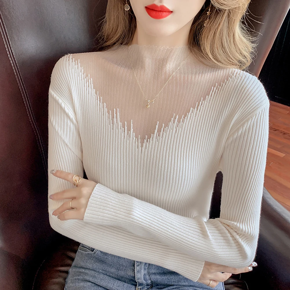 S-2XL Sexy Women Transparent Knit T Shirt Autumn Lace Patchwork Expose T-Shirt Sweater Turtleneck Elastic Shirt Top Black White