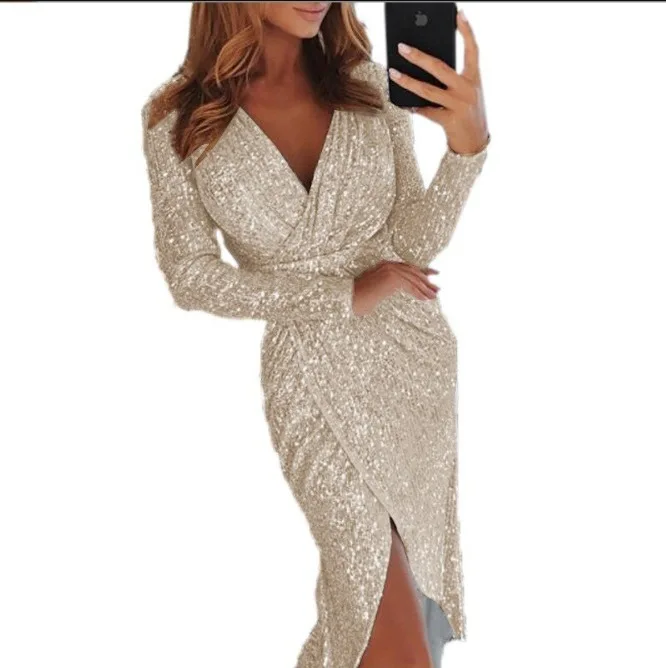 Women Long Sleeved V-neck Mid Skirt Dress with Slit Slim Fit