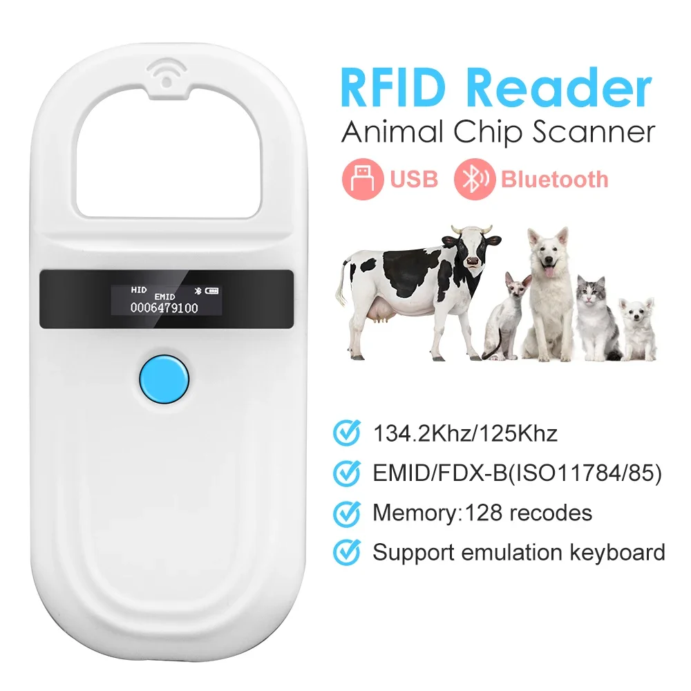 Handheld Animal RFID Reader Pet Cat Dog Microchip Scanner FDX-B Glass Chip USB Bluetooth Tag Reader with Tags 134.2KHz 125kHz