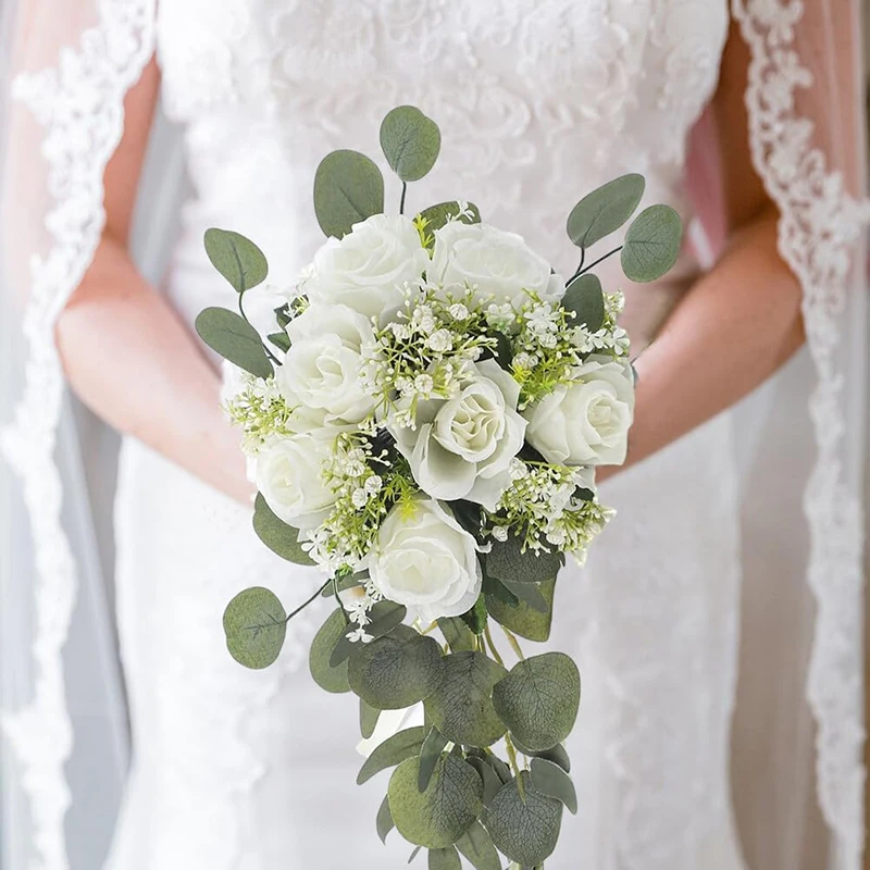 1PC White Rose Babysbirthday Wedding Bridal Bouquet WeddingTossing Bouquet Bohemian Countryside Wedding Church Ceremony Flower