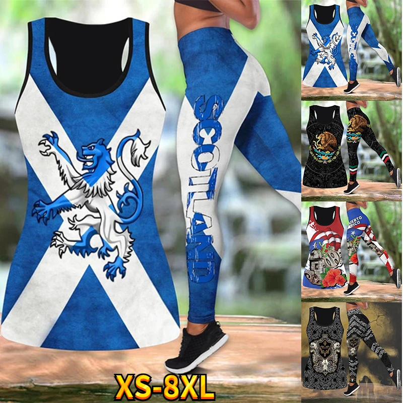 Scozzese Tatuaggi Legging Tank Combo 3D Stampa Tuta Yoga Sport Canotte Leggings Yoga Mantenere Abito Sottile Xs-8Xl