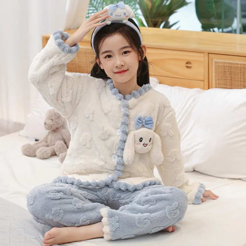 

Anime Sanrio Children Winter Pajamas Kuromi Cinnamoroll My Melody Kawaii Pochacco Cute Coral Velvet Thickened Boy Girl Homewear