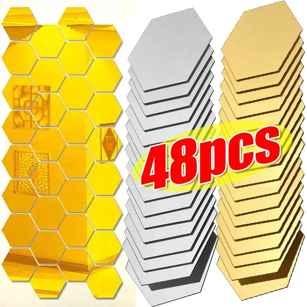 Mirror Wall Sticker Acrylic Wall Sticker Wall Sticker 6/48Pcs Hexagonal Acrylic Mirror Wall Stickers Mirror Solid Paster Self-adhesive Gold Silver Decals Home Bedroom Art Decoration