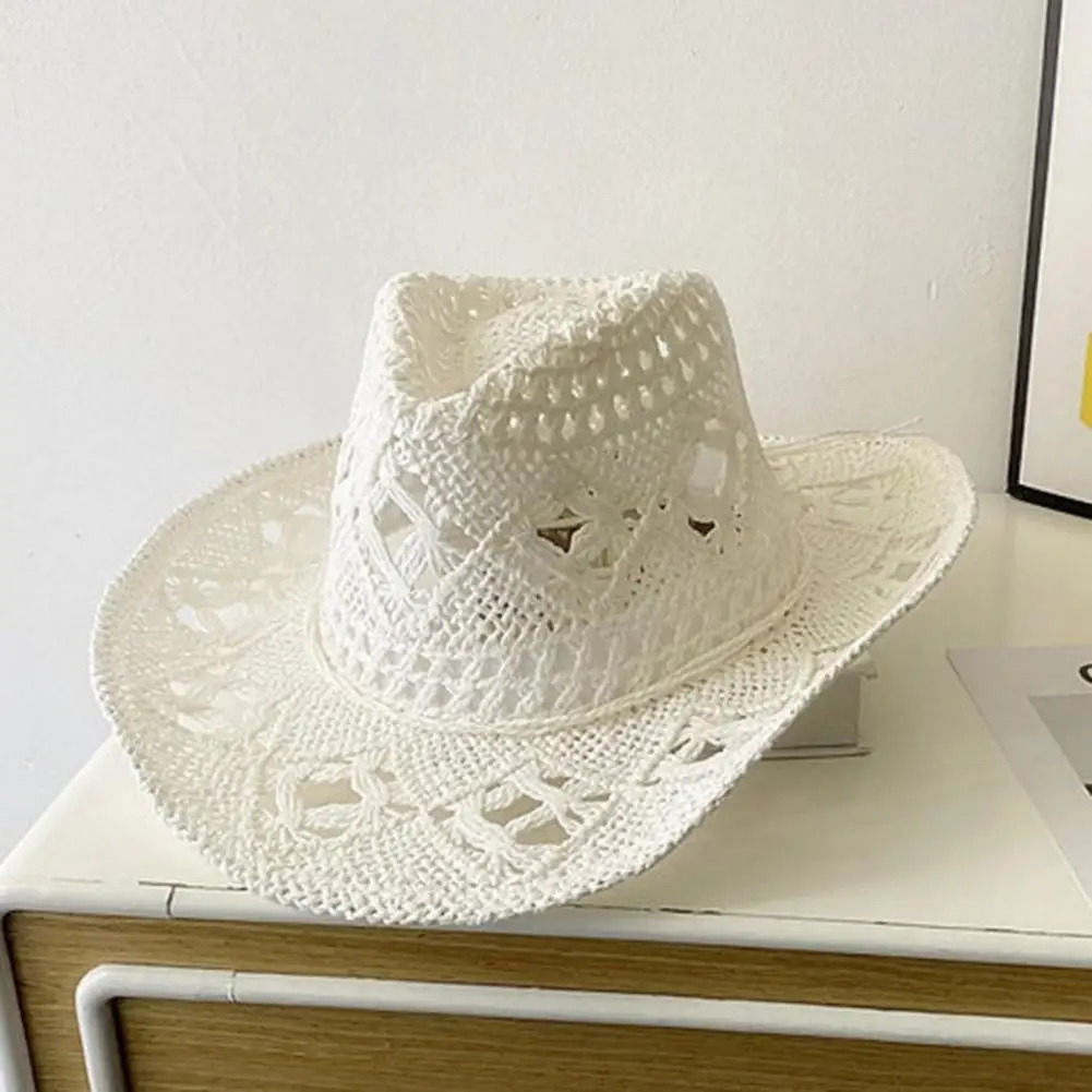 Women Cowboy Hat Unisex Hollow Out Summer Hat Solid Color Curled Edge Strap Jazz Decorative Vintage Braided Straw