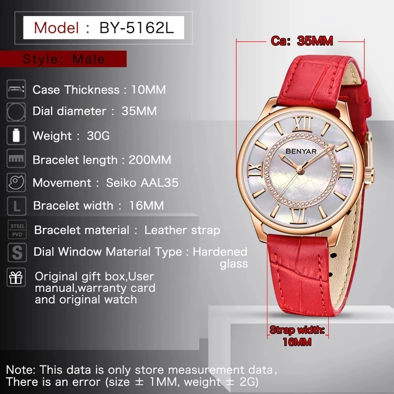 Benyar-relógio de Pulso de Couro Impermeável Feminino Quartzo Elegante Marca Superior Luxo Novo Moda - Image 4