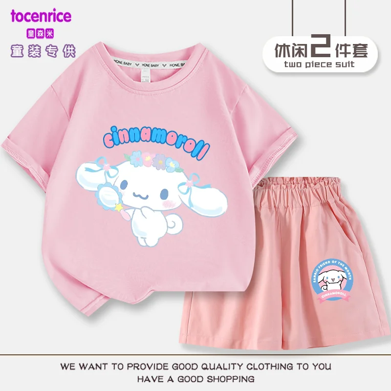 

Kawaii Cinnamoroll Girls Short Sleeve Shorts Sanrio Kawaii Anime Print Tops Summer Sweet Cute Cartoon Babys Clothes Korean Tide