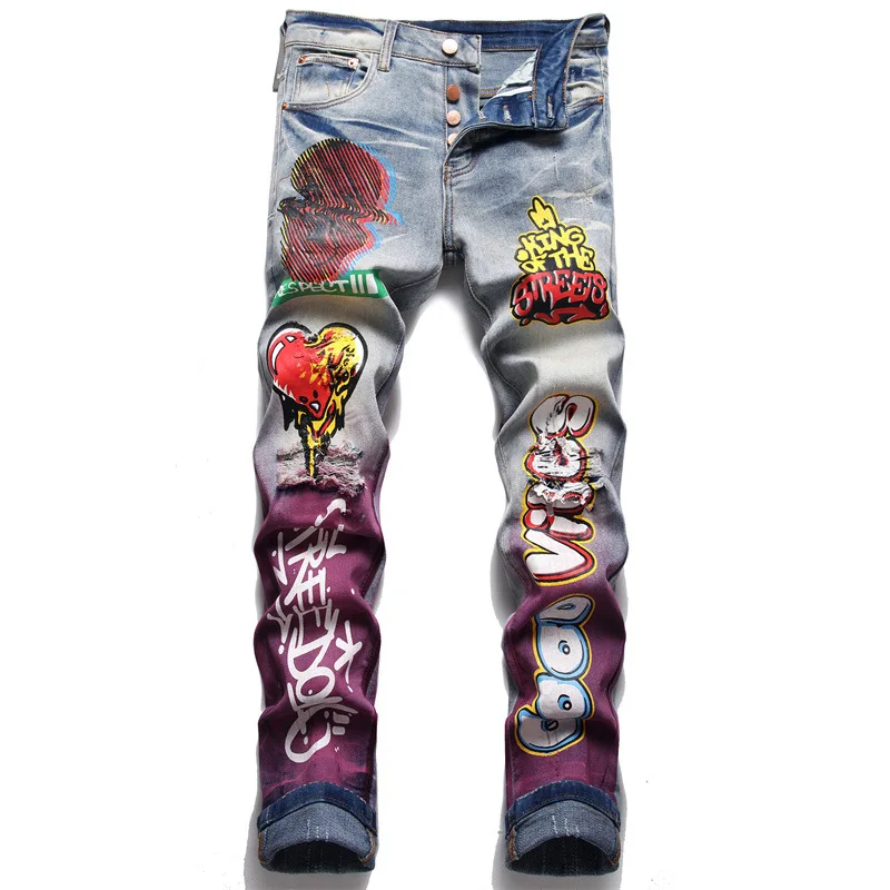 

Punk Trend Retro Blue Jeans Fashion Holes Slim Stretch Printed Pencil Pants Men's Casual Brand Trousers