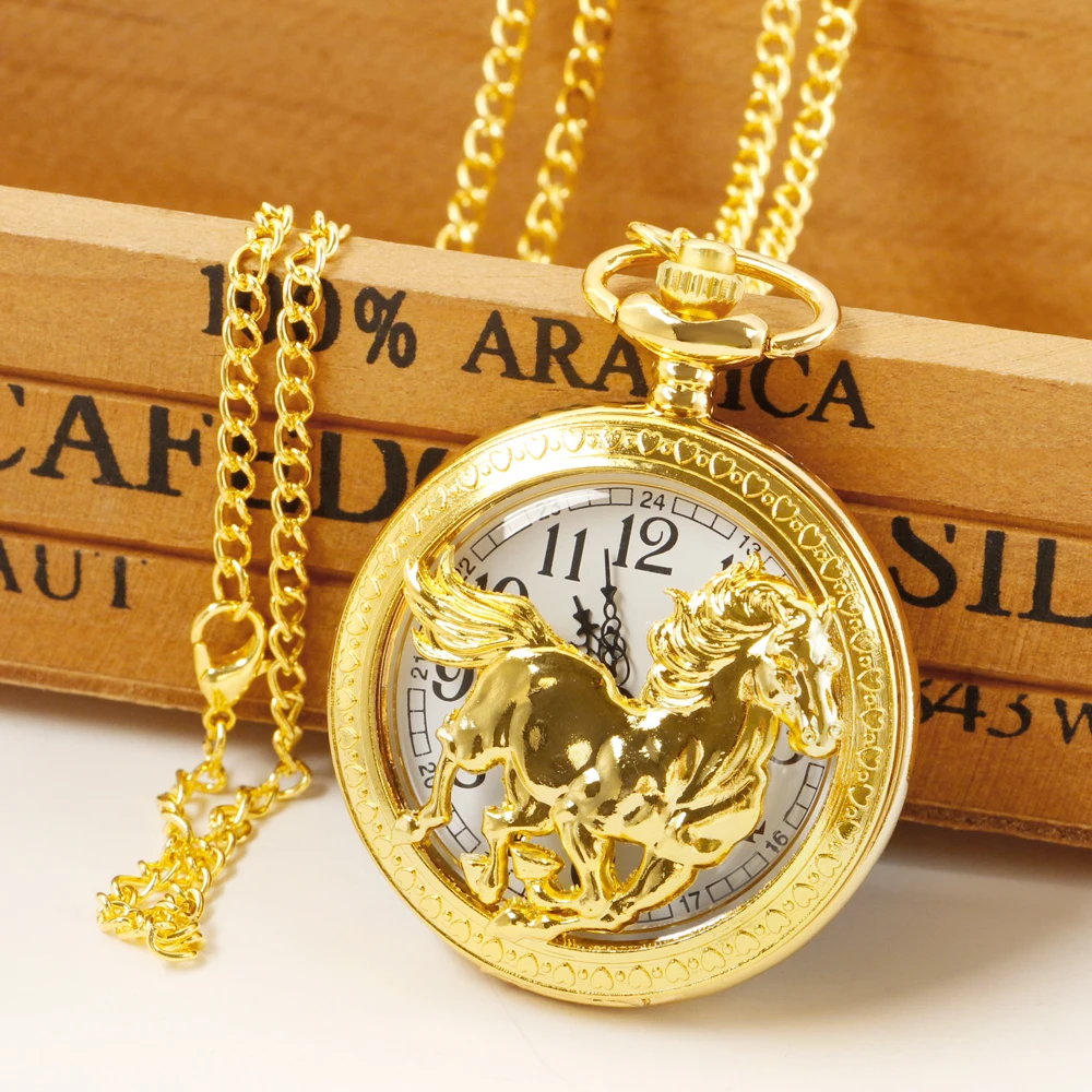 Golden Horse Carving Hollow Quartz Pocket Watches With Chain Men Women Steampunk Vintage Necklace FOB Watch Gifts