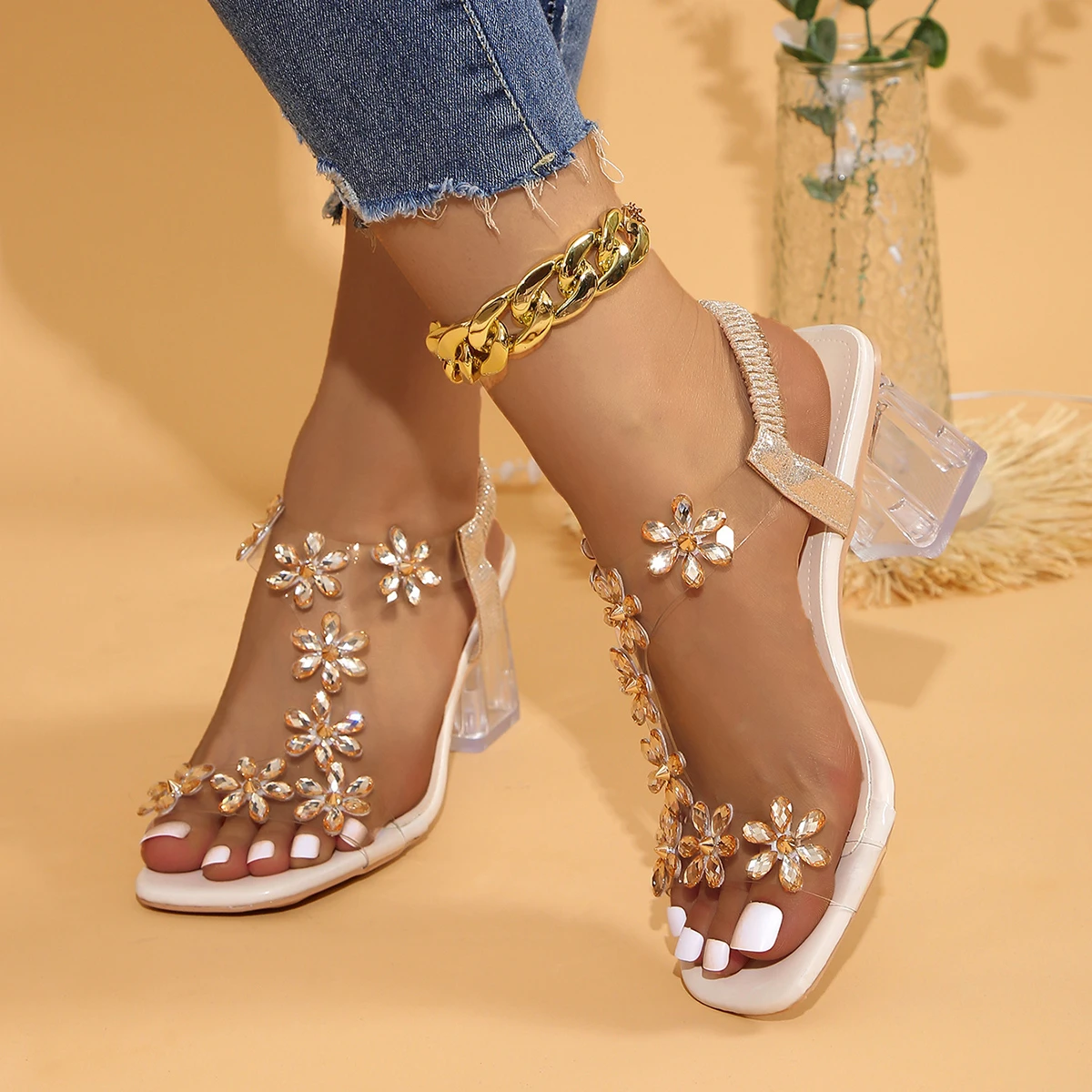

Роскошные модные женские босоножки из ПВХ с золотым цветком, летняя обувь для женщин 7 см, Классическая обувь, женские сандалии с эластичным ремешком