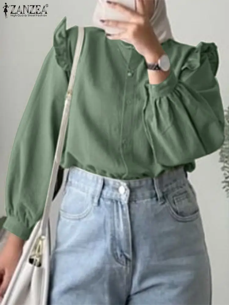 

Мусульманская однотонная блузка ZANZEA, женские модные топы с длинным рукавом, рабочая рубашка, повседневные блузки на пуговицах с круглым вырезом, мусульманская одежда, блузки