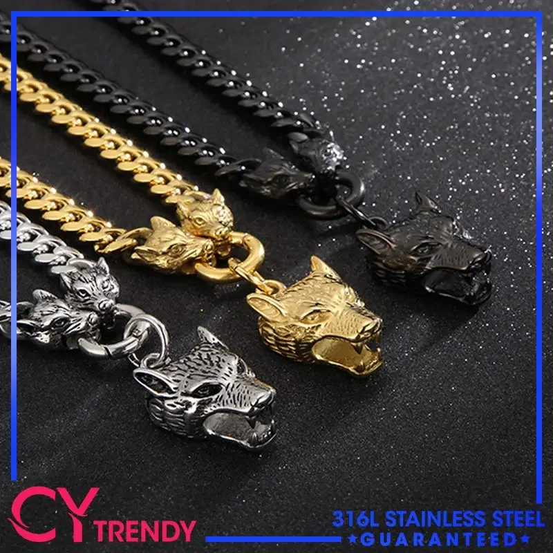

Punk Men's Personality Stainless Steel Wolf Head Necklace Chain With Circular Ring Buckle