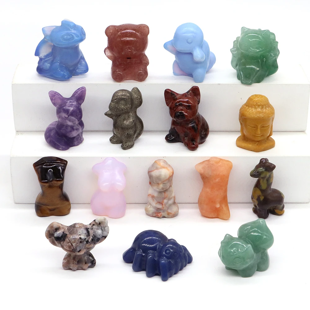 

30mm Natural Stone Carved Animals Statue Room Ornament Cartoon Figure Opal Rose Quartz Reiki Healing Crystal Figurine Home Decor