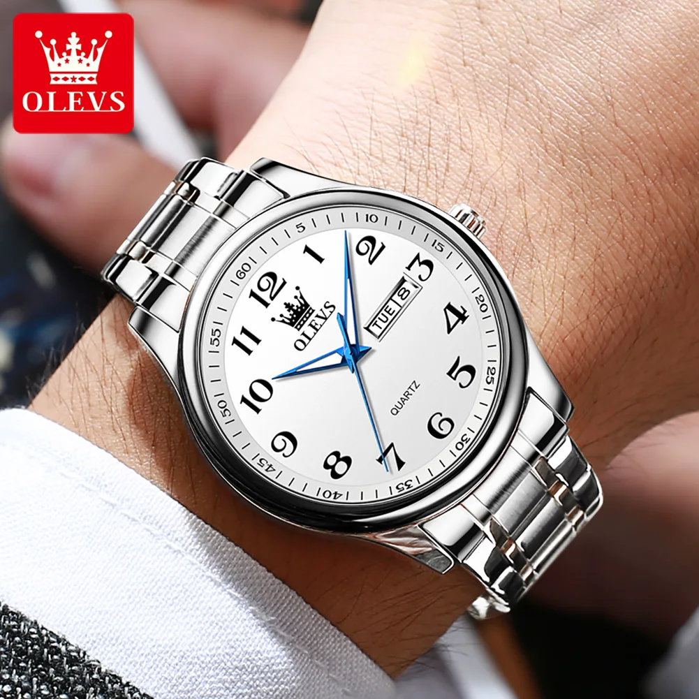 OLEVS-Relógio de quartzo impermeável de aço inoxidável masculino, relógios de luxo, marca superior, data semana exibição