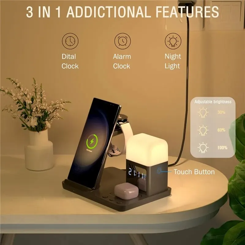 6 In 1 Wireless Charger Stand Alarm Clock Night Light Fast Charging Dock Station. 2