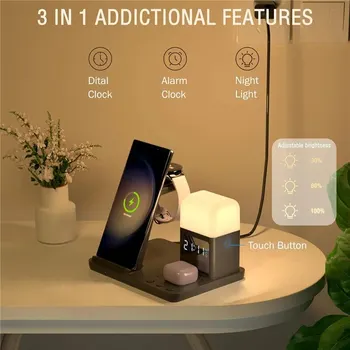 6 In 1 Wireless Charger Stand Alarm Clock Night Light Fast Charging Dock Station. 2