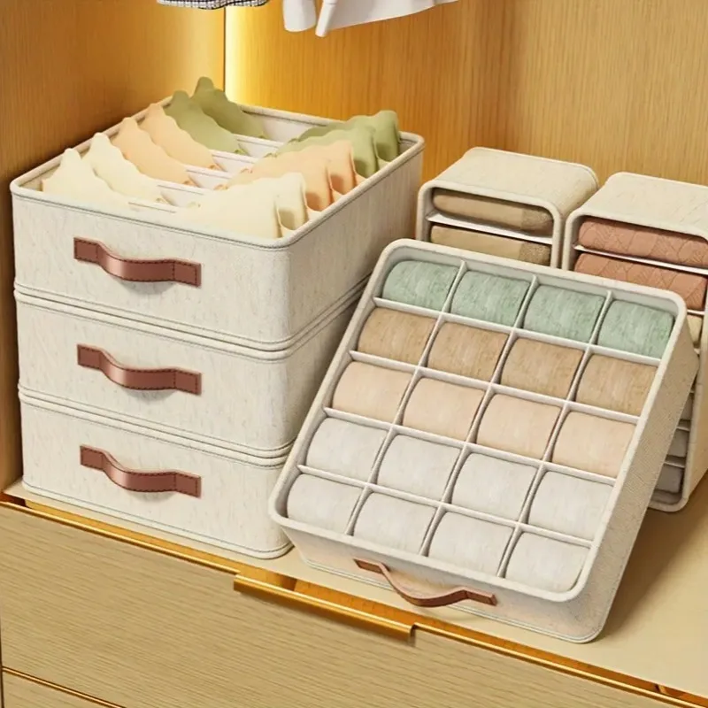 1pc Beige Foldable Drawer Organizer Stackable Fabric Storage Bin for Socks Underwear Bras Accessories Closet Organizers Storage 3