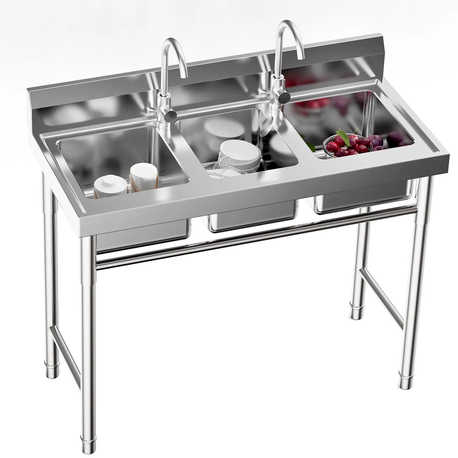 3 Compartment Stainless Steel Commercial Kitchen Sink with 2 Faucets Freestanding Restaurant Kitchen Sink Utility