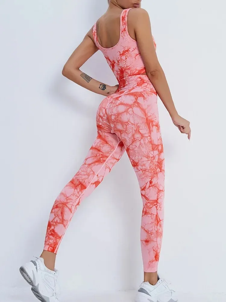 Tie Dye Yoga Sets Women's Gym Sleeveless Crop Vest Top Legging Pant Set Workout Clothes for Women Sportswear Fitness Sports Suit