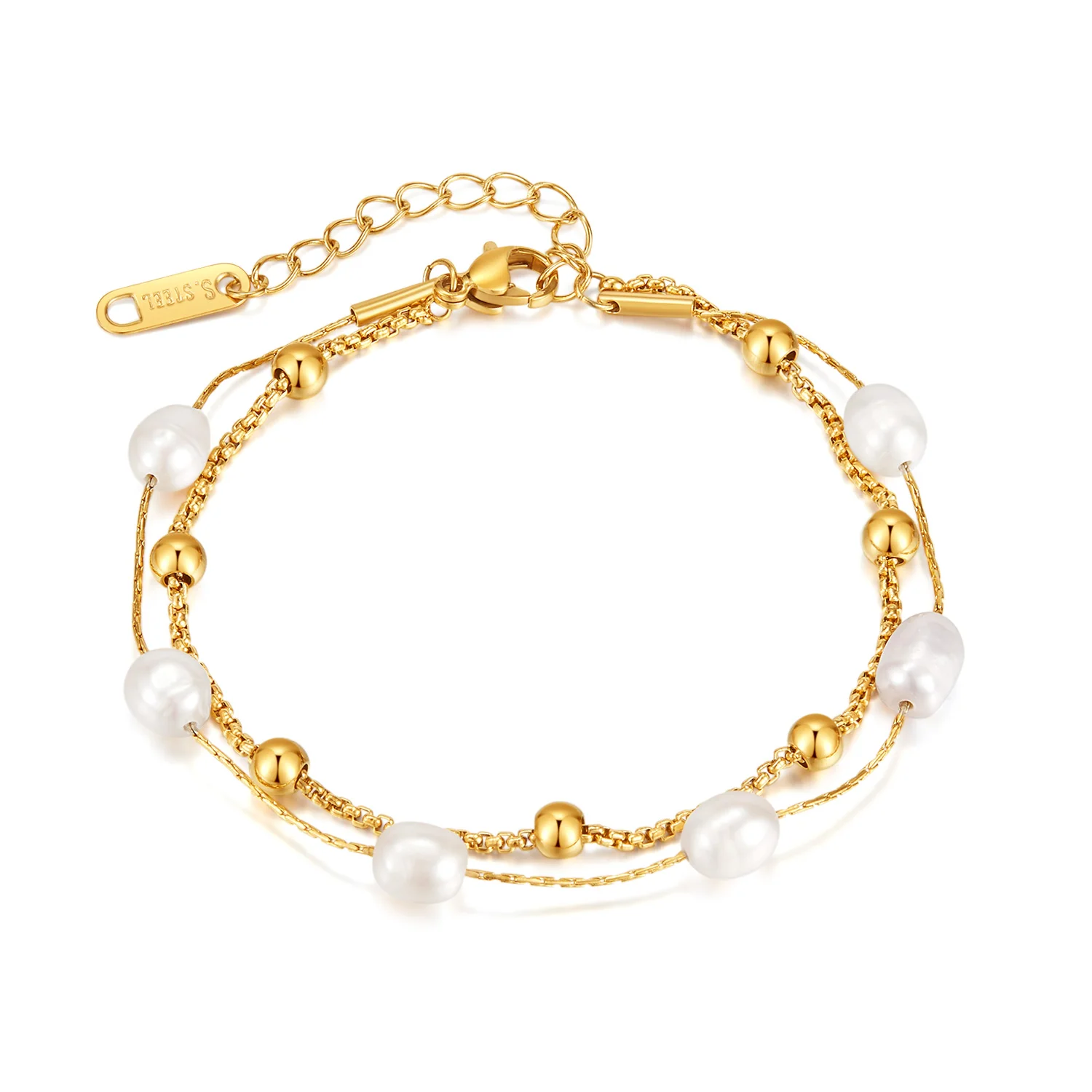 Factory stainless steel jewelry Double Design 18K gold plated  Delicate pearl bracelet