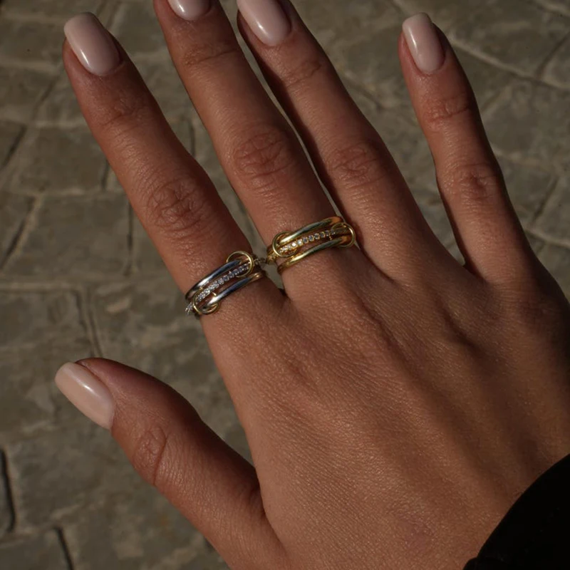 New Multi Connected Triple Layers Loop Ring for Women Gold Color Interlocked Link Stacking Rings CZ Zircon Punk Jewelry Bijoux
