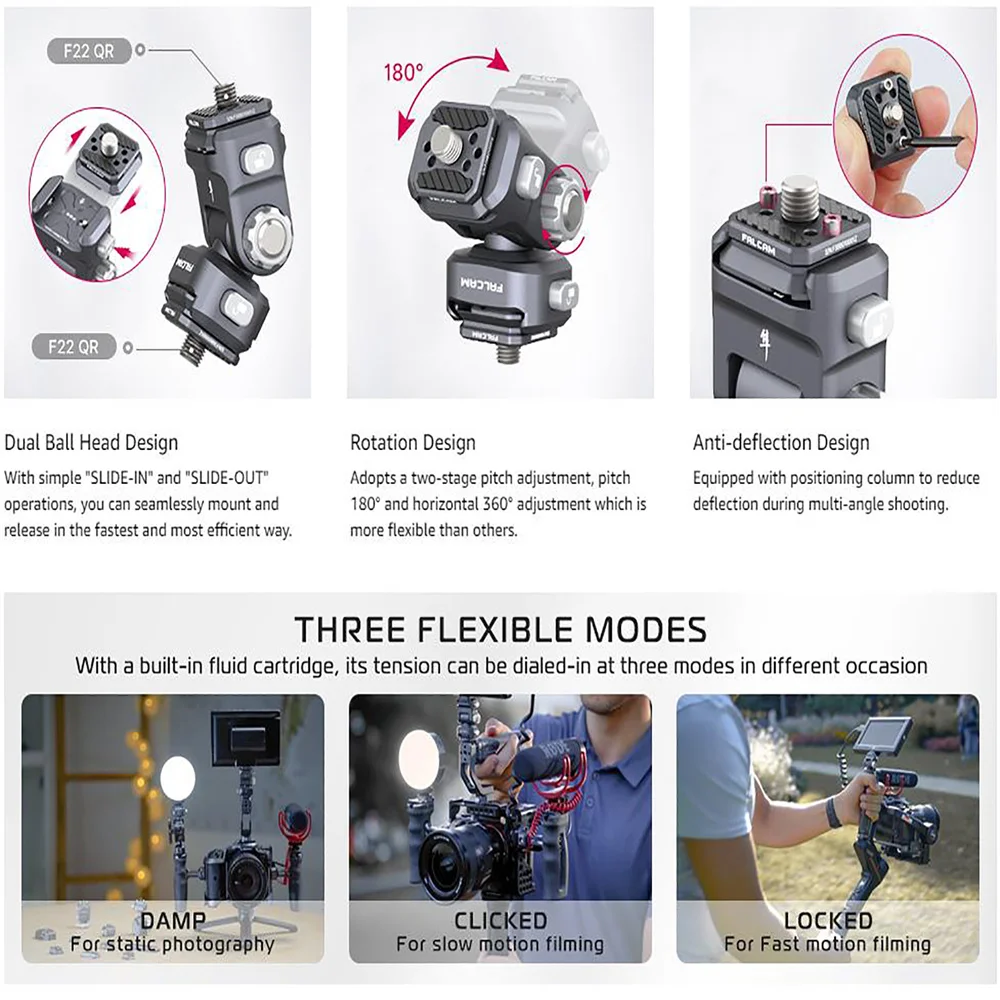 FALCAM F22 퀵 릴리스 DSLR 카메라 모니터 마운트, 조정 가능한 삼각대 헤드 볼 헤드 퀵 스위치 시스템