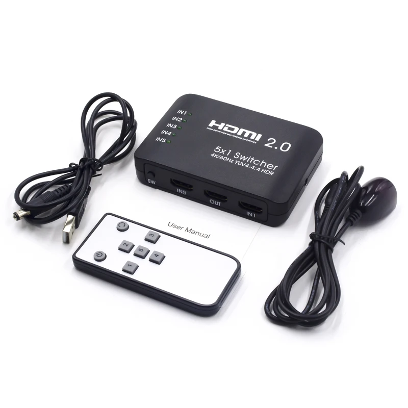 

HDMI Switch Out Switcher 5x1 4k/60hz HDR with IR Remote Support 4K 3D 5 in 1 for Xbox PS4 5 HD Input 2.0