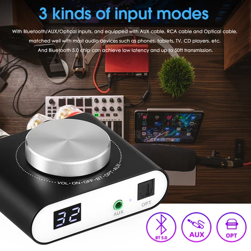 Nobsound Q10 미니 디지털 AUX/광학 증폭기, 블루투스 5.0 수신기, 하이파이 클래스 D 데스크 파워 앰프, 100W + 100W 3