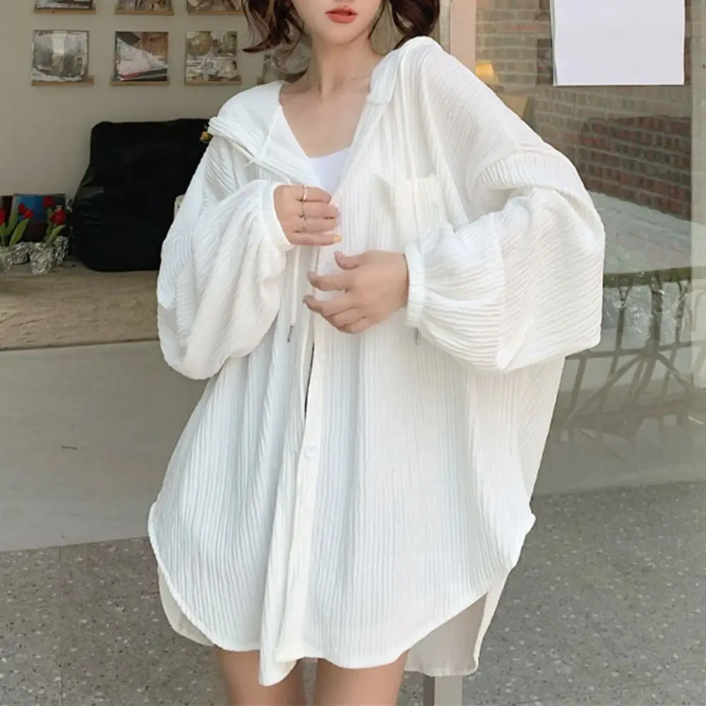 Comfortable Drawstring Hooded Shirt Ice Silk Loose Long Sleeved Hooded Clothing Korean Ins Sun Protection Tops Women