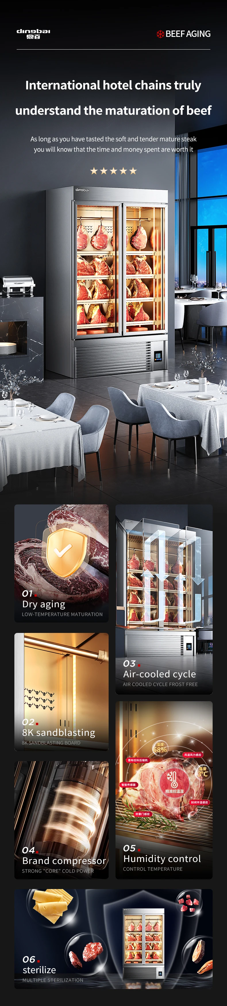 Grade Beef Aging Meat Preservation Cabinet Triple Doors Automatic Defrost Commercial Dry Aging Fridge for Steak Restaurant