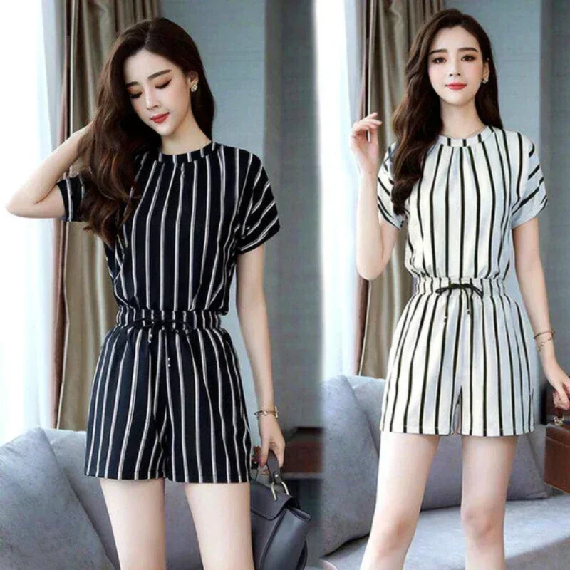 

Short Sleeve Striped Women's Suit Spring and Summer 2022 New Korean Version Slim Fit Fashion Casual Wide Leg Pants Two Piece Set