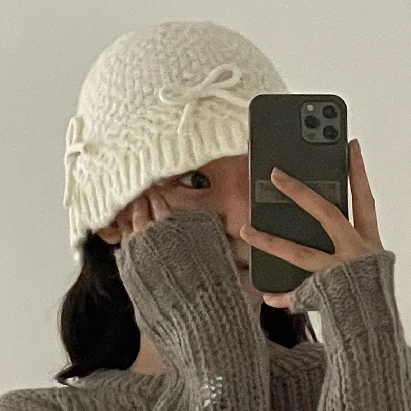 Ins Bow Decoration Cute Women's Hats Autumn and Winter Korean Version Casual Versatile Solid Color Warm Knitted Bucket Caps knitted hat bucket hats denim bucket hats