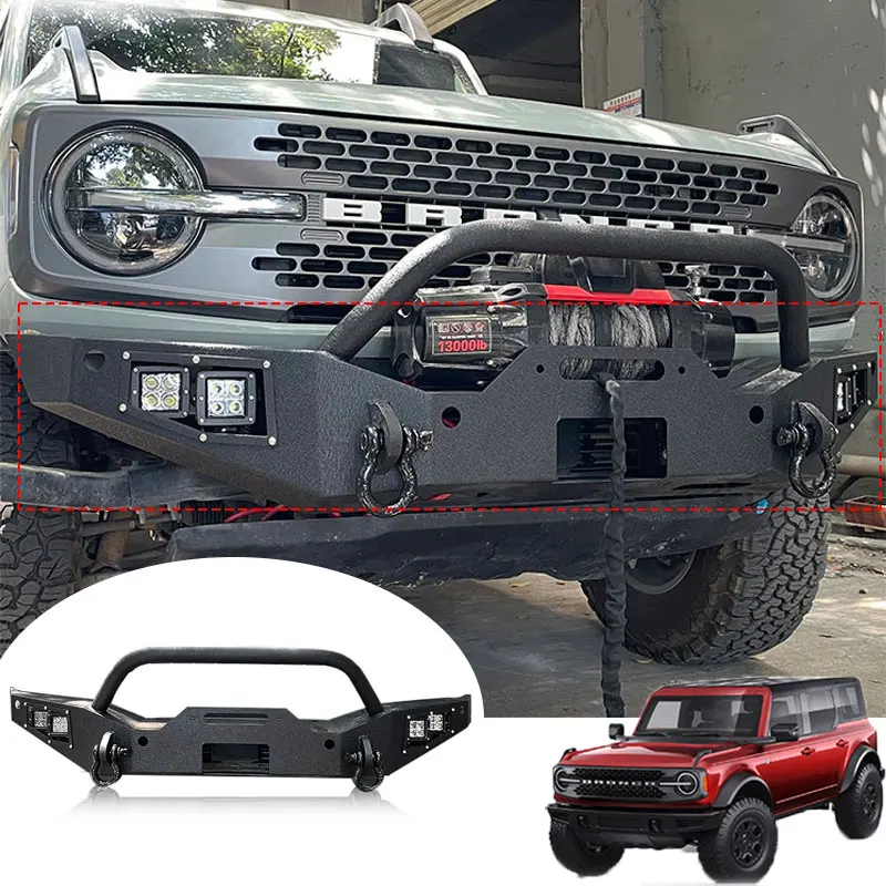 

Ford BRONCO 2021 2023 Heavy Duty Mid-width Front Bumper with Winch Plate D-ring 2pcs LED Lights Textured Black Powder Finish