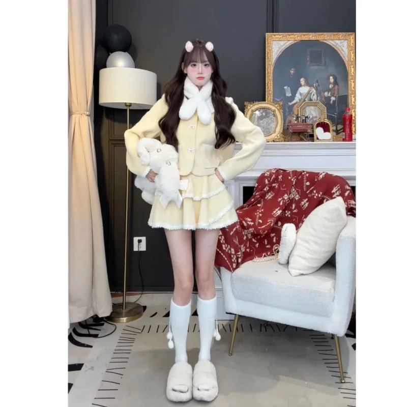 

Sweet Woolen Jacket Cake Skirt Two-piece Set Women Korean Milk Bow Splice Fashion Academy Soft Glutinous Winter Slim Cute Suit