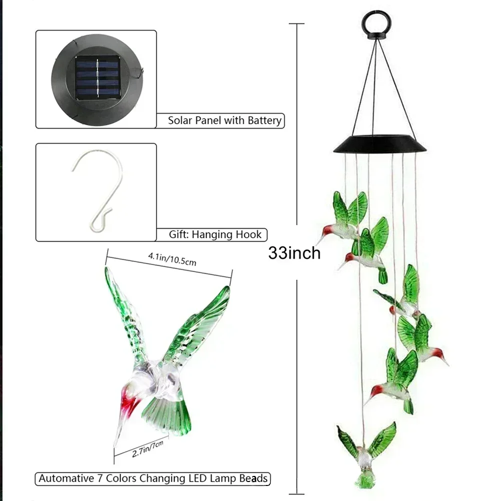 Solar Hummingbird Wind Chimes Night Light for Outside Solar Lights Outdoor/Indoor Decor Hanging Mobile Garden Yard Patio